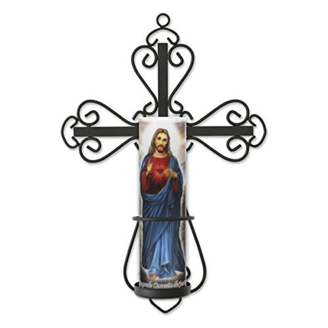 Decorative Scrolled Metal Cross Wall Sconce with Jesus LED Candle (WS)