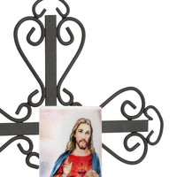 Decorative Scrolled Metal Cross Wall Sconce with Jesus LED Candle