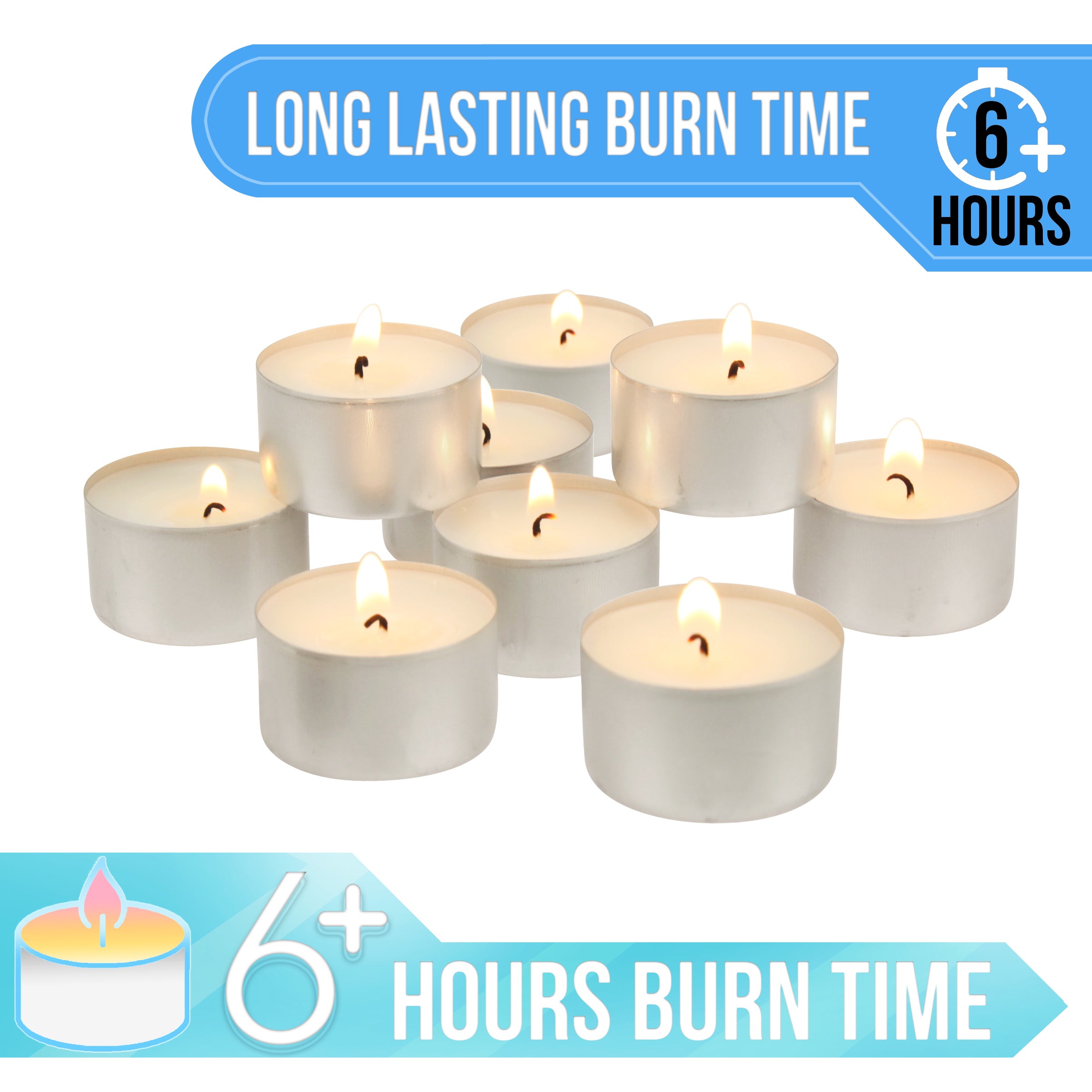 Long Burning Tea Light Candles, 6 to 7 Hour Extended Burn Time, White,  Unscented, Bulk 200-Pack