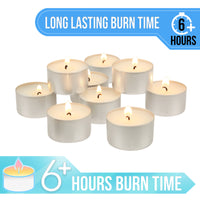 Long Burning Tealight Candles, 6 to 7 Hour Extended Burn Time, White, Unscented, Bulk 300-Pack