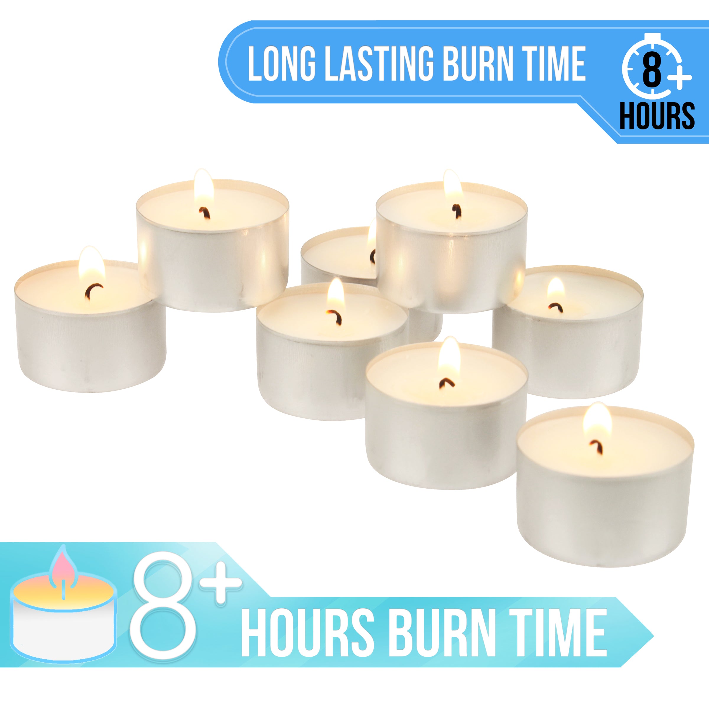Long Burning 8 Hour Unscented Tea Light Candles, White, 100 Pack