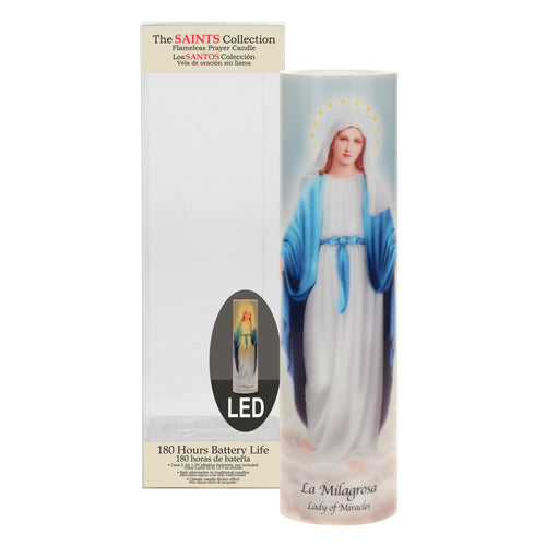 Stonebriar LED Saint Prayer Candle — Automatic Timer, Flameless Candle for Prayer, Memorials & Religious Décor, Lady of Miracles, 8"