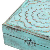 Weathered Sky Blue Wood Box with Hinges and Carved Floral Design