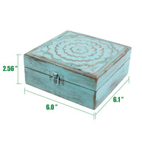 Weathered Sky Blue Wood Box with Hinges and Carved Floral Design