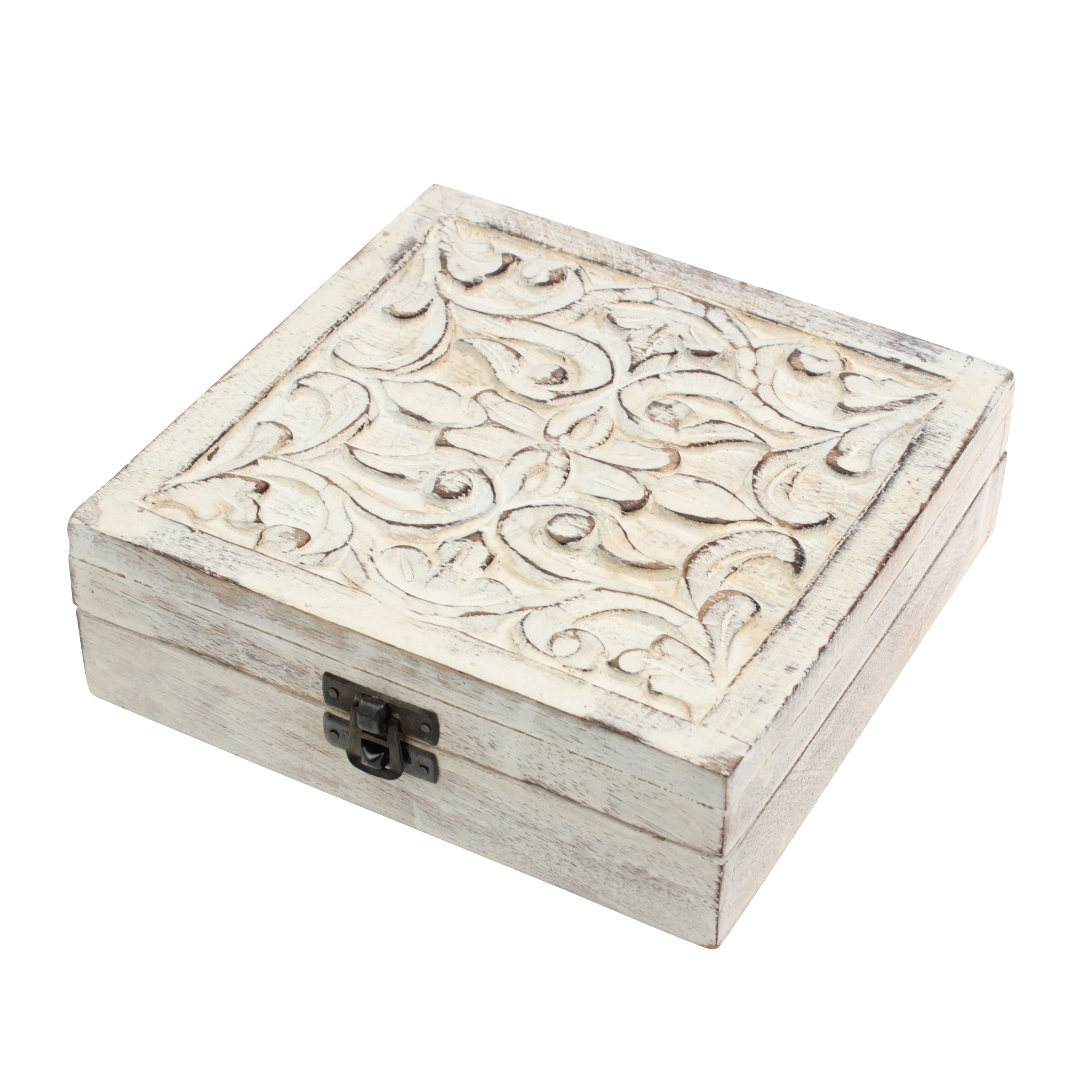 Worn White Wood Box with Hinged Lid and Carved Fillegry Details