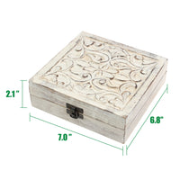 Worn White Wood Box with Hinged Lid and Carved Fillegry Details