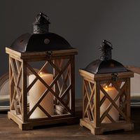 Rustic Wood & Glass Hurricane Candle Lantern Set