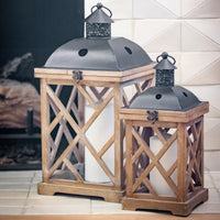Rustic Wood & Glass Hurricane Candle Lantern Set