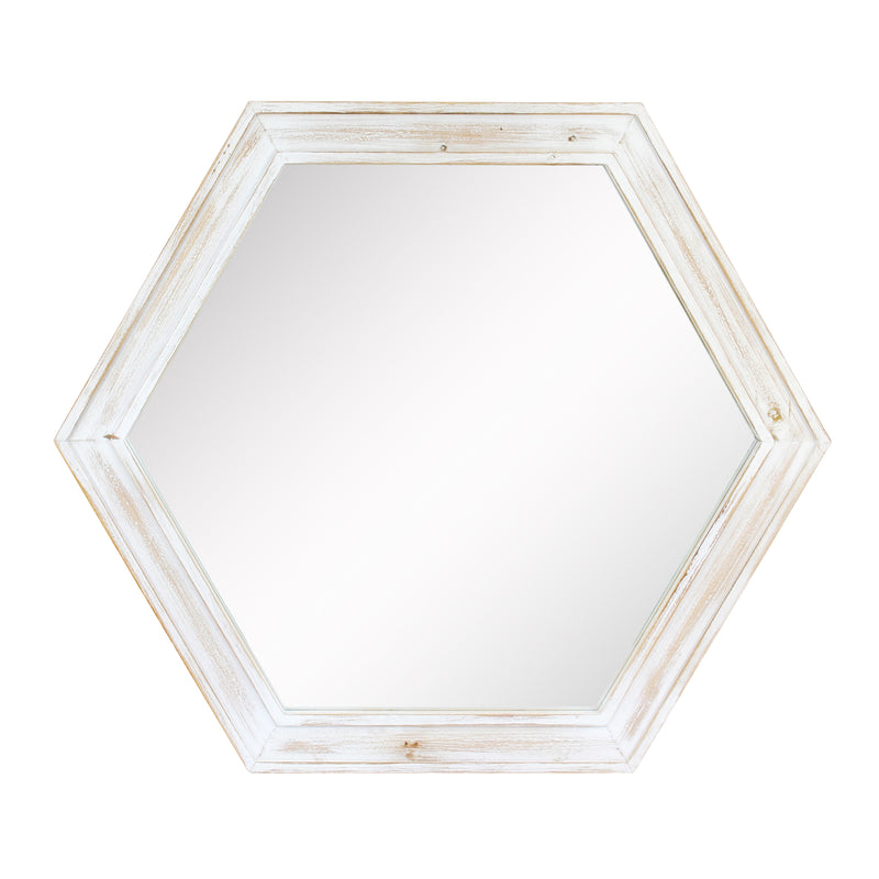 24" Hexagon Hanging Wall Mirror with Worn White Painted Wood Frame