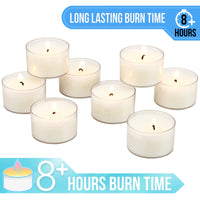 Unscented Long Burning Clear Cup Tea Light Candles, 8 Hour Extended Burn Time, White, Bulk 96 Pack