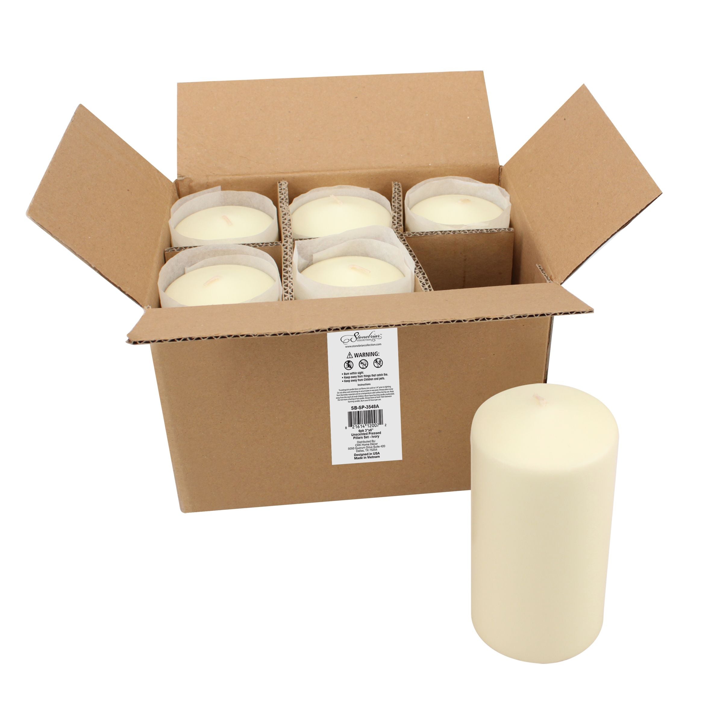 Tall 3 x 6 Inch Unscented Ivory Pillar Candle Set, Set of 6 (WS)