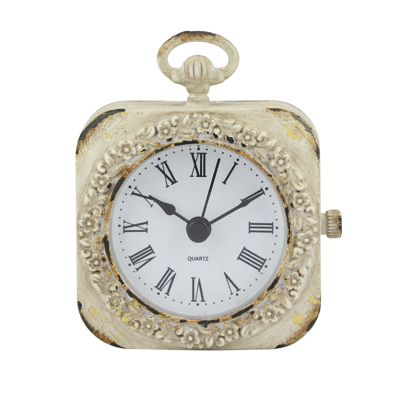 Small 4 Inch Decorative Table Top Clock with Roman Numerals and Antique White Finish