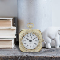 Small 4 Inch Decorative Table Top Clock with Roman Numerals and Antique White Finish