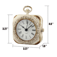 Small 4 Inch Decorative Table Top Clock with Roman Numerals and Antique White Finish