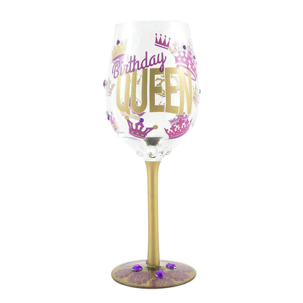Top Shelf Decorative Gold and Purple Birthday Queen Stemmed Wine Glass (WS)