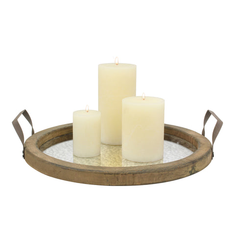 Rustic Butler Serving Tray - Metal Handles & Distressed Mirror (Brown Wood)