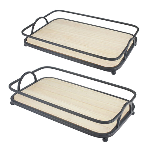 2-Piece Decorative Rectangular Tray Set, Wood and Metal, Brown