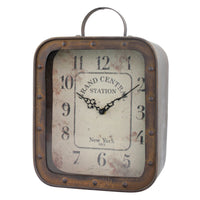 Stonebriar Large Square Rustic Metal Battery Operated Table Top Clock with Handle and Rivet Detail