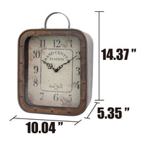 Stonebriar Large Square Rustic Metal Battery Operated Table Top Clock with Handle and Rivet Detail