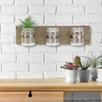 Rustic Natural Wood Hanging Wall Decor with 3 Glass Jar Containers