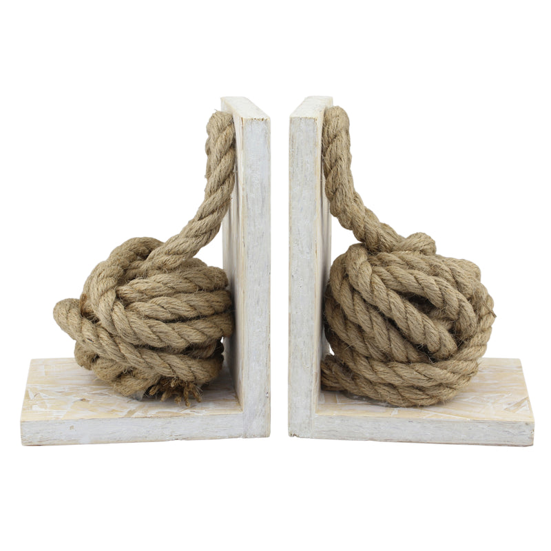 Nautical Rope White Wood Bookend Set, Off White (Set of 2)