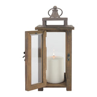 Rustic Wooden Hurricane Candle Lantern with Handle and Hinged Door