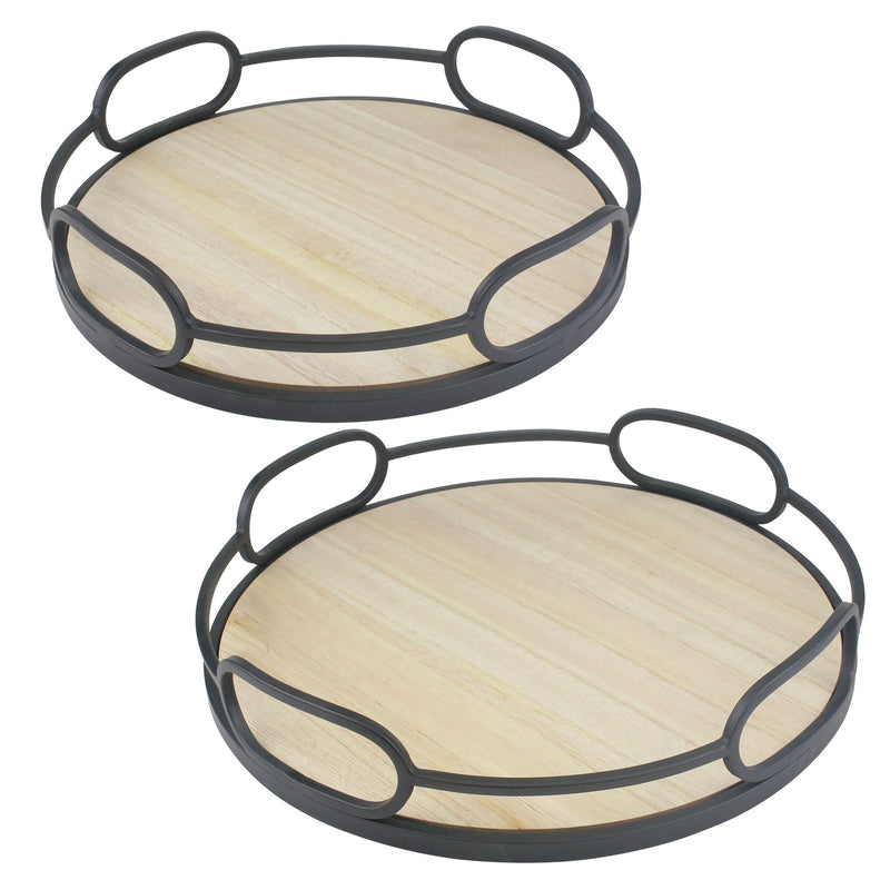 2-Piece Decorative Circle Tray Set, Wood and Metal, Brown