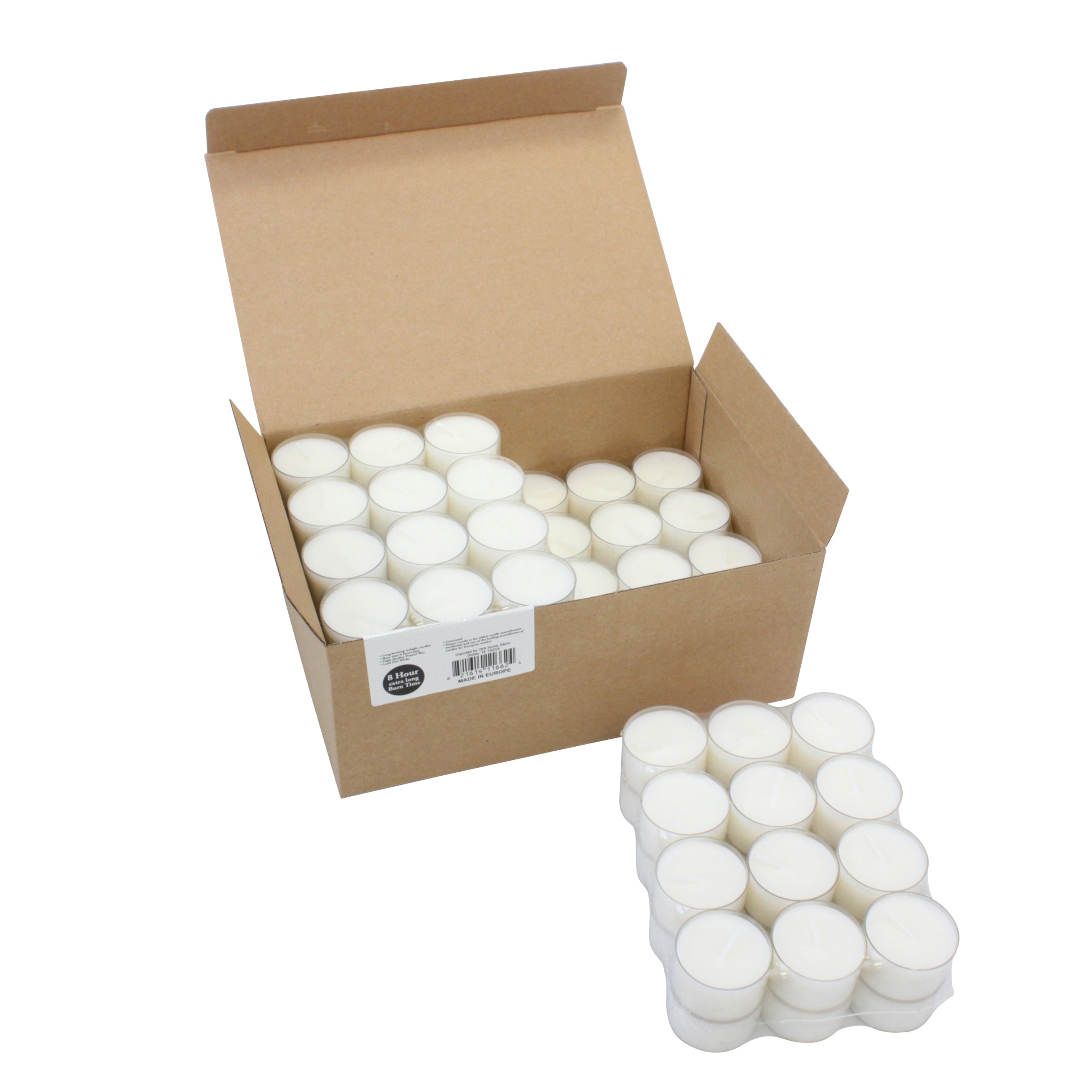Unscented Long Burning Clear Tea Light Candles, 8 Hour Extended Time, White, Bulk 96 Pack | Collection