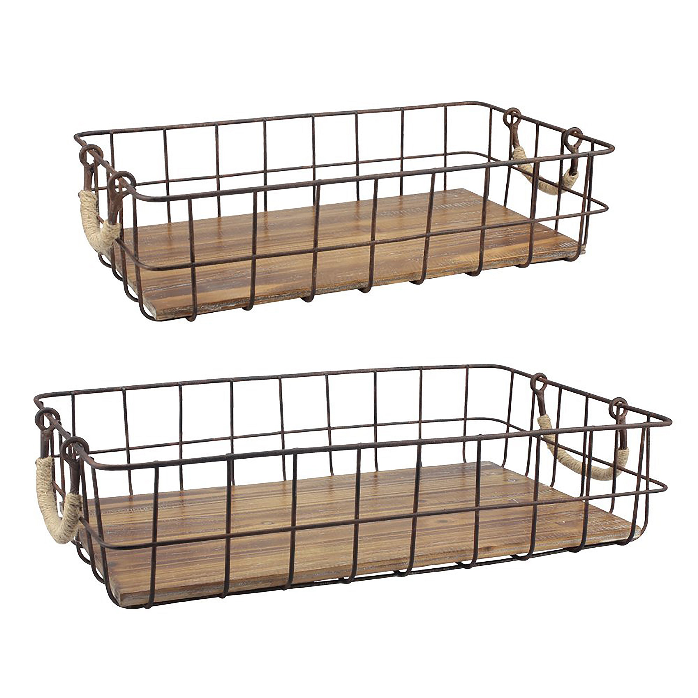 Rectangle Metal Wire and Wood Baskets (Set of 2)