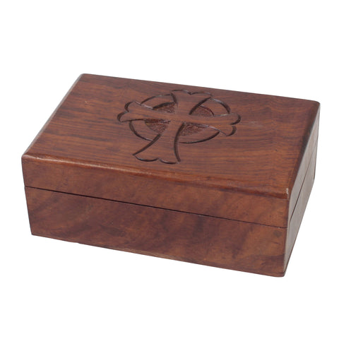 Natural Wooden Box with Carved Cross & Hinged Lid (WS)